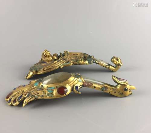A Pair of Tang Gilt Bronze Inlaid Jewel Belt Hook