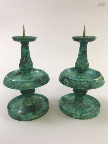 Qianlong Mark, Pair of Lusong Stone Style Candlesticks
