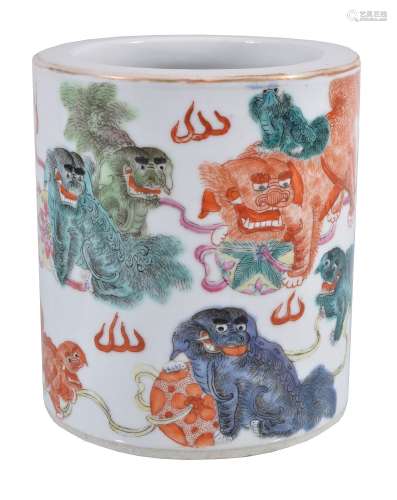 A Chinese Famille Rose brush pot, Qing Dynasty, second half of the 19th century