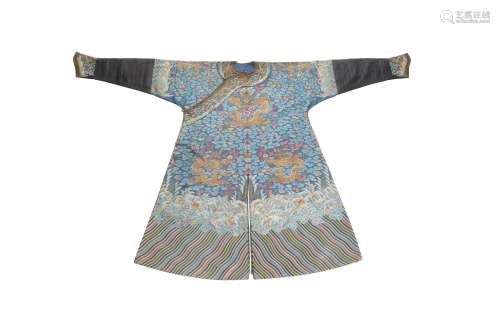 A fine Chinese blue-ground embroidered dragon robe , Jifu, Qing Dynasty