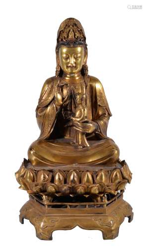 A large Chinese gilt bronze of Quanyin and Child, Qing Dynasty
