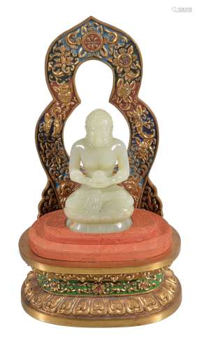 A Chinese celadon jade Buddha , and a Chinese enamel and gilt bronze throne...