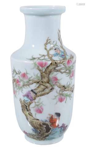 A Chinese Famille Rose vase, painted with boys in a tree picking peaches