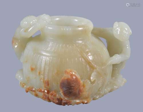 A Chinese celadon and russet jade water pot