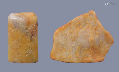 Two Chinese Shoushan soapstone seals, the larger mottled caramel stone in...