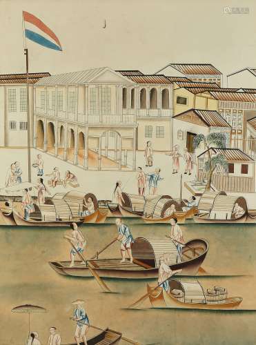 A large pair of Chinese watercolours depicting the Hongs of Guangzhou