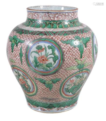 A Chinese wucai baluster vase , Shunzhi , enamelled in green, lime-green