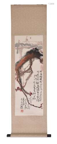 Wu Yefu , a scroll painting of a flowering branch of prunus on paper, signed