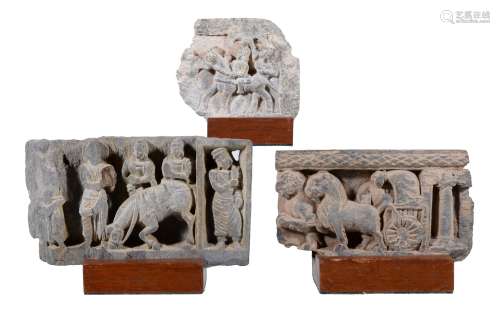Three Gandhara grey schist frieze fragments, 3-4th century