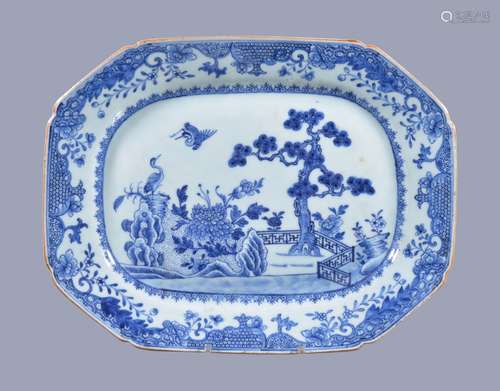 A Chinese blue and white meat dish, Qianlong, painted with birds