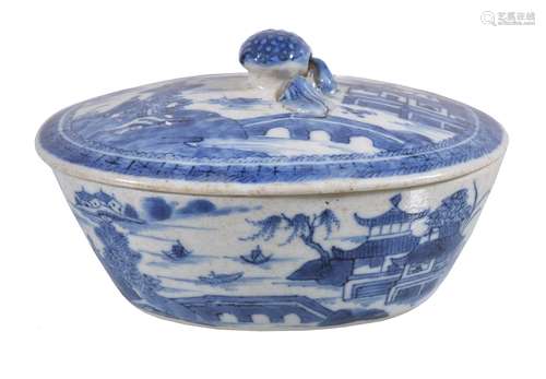 A Chinese blue and white small oval butter tureen and cover, Qianlong