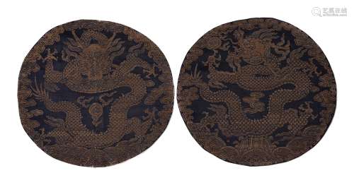 Two rare Chinese gold weave brocaded four clawed Mang dragon roundels