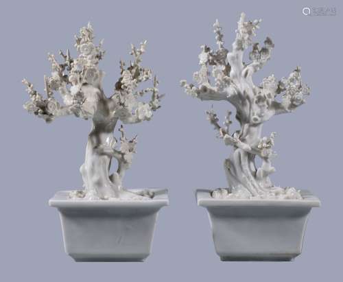 A pair of Chinese Dehua 'prunus' trees, Qing Dynasty, late19th century