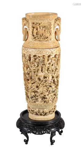 Ω A large Cantonese ivory two-handled vase, early 19th century