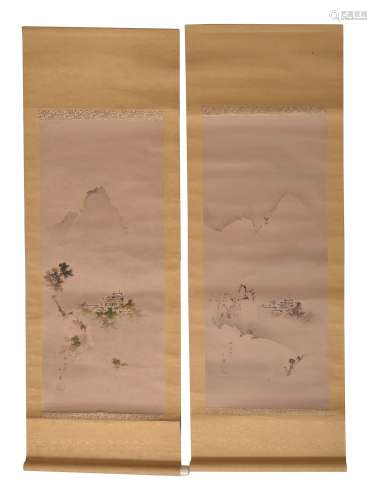 A pair of Japanese Kakejiku, each painted in inks and colour on silk