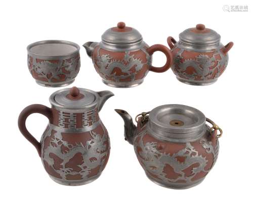 A Chinese pottery pewter mounted tea set , with impressed marks