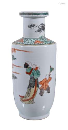 A Chinese Famille Verte rouleau vase, 19th century