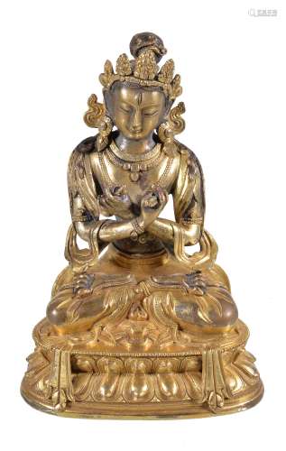 A Sino-Tibetan gilt-bronze figure of Vajradhara, China, 19th century