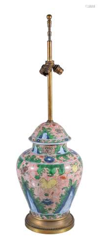 A Chinese Famille Verte gilt metal mounted vase , circa 1900