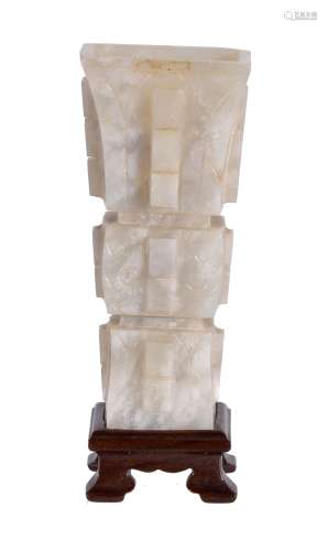 A Chinese jade archaic style small vase, of rectangular section carved in...