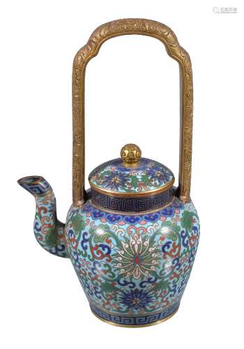 A Chinese cloisonné wine ewer and cover, inlaid with colourful flowers on a...