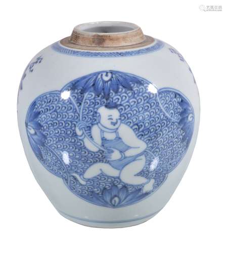 A Chinese blue and white 'boys' ginger jar and cover, Kangxi