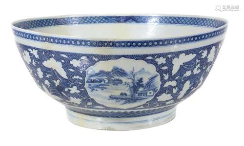 A large Chinese blue and white punch bowl , Qing Dynasty, circa 1800