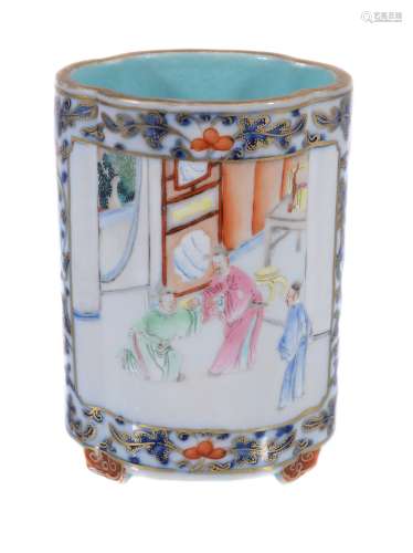 A small Chinese Famille Rose brush vase, painted with two panels of figures...