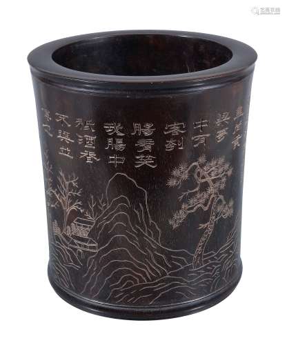 A Chinese incised hardwood brush pot , bitong, possibly Zitan wood
