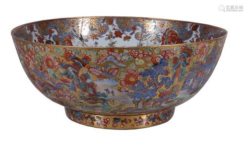 A large Chinese Export blue and white 'clobbered' punch bowl, 18th century