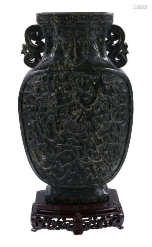 A Chinese spinach jade vase, late 19th or 20th century
