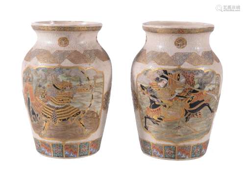 A Pair of Japanese Satsuma Pottery Vases each of tapered