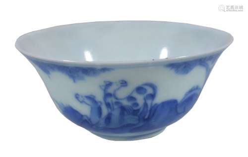 A small Chinese blue and white bowl, Qing Dynasty, painted with horses