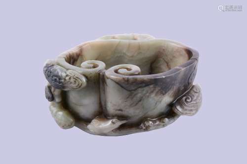 A Chinese celadon and dark brown flecked jade 'Lingzhi ' brush washer, xi