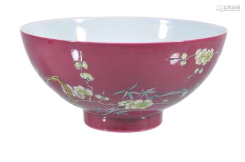 A Chinese ruby- ground 'prunus' bowl, the exterior painted in brown, green