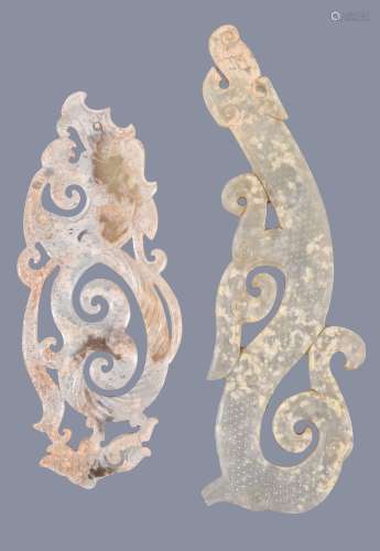 Two Chinese calcified jade archaic type carvings