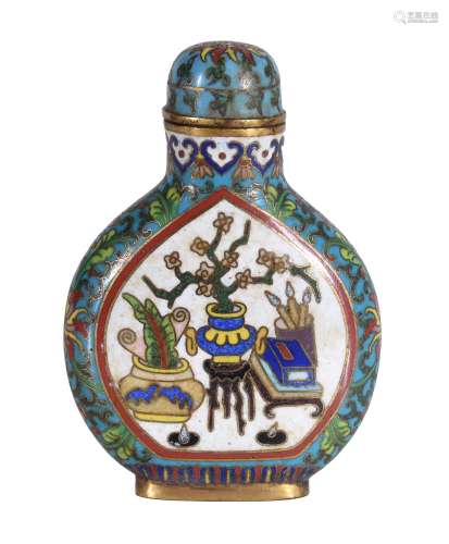 A Chinese cloisonné snuff bottle and stopper , inlaid with a panel of