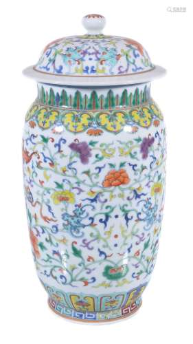 A Chinese porcelain Doucai jar and cover, decorated in brightly coloured...