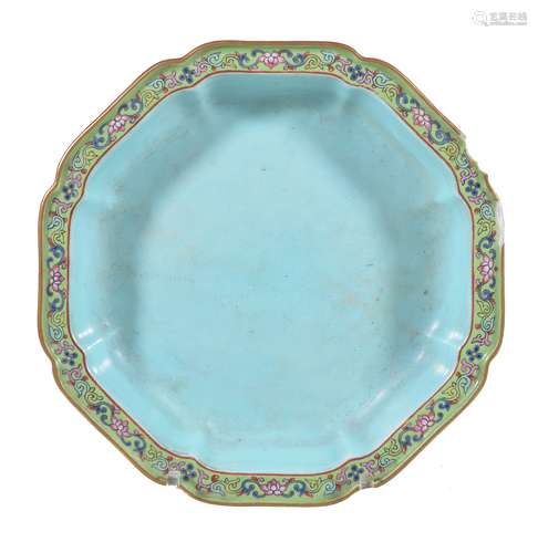 A Chinese famille rose turquoise ground footed dish , Qing Dynasty