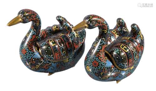 A pair of Chinese cloisonné enamelled 'mandarin' ducks, 20th century