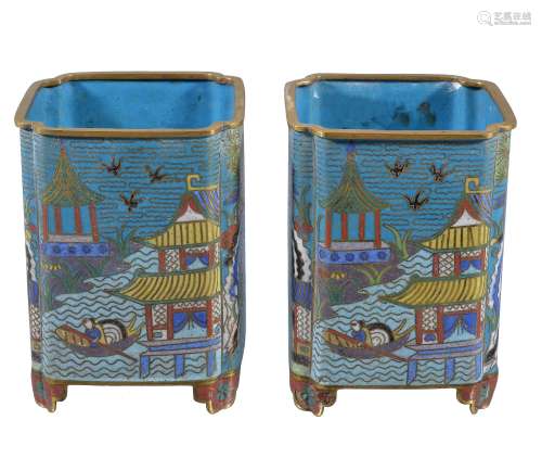 A pair of Chinese cloisonné enamelled vases , late Qing Dynasty