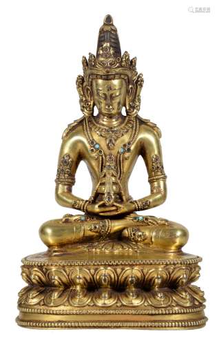 A Tibetan gilt bronze figure of Amitayus , 16-17th century