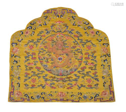 An Imperial yellow embroidered cushion cover for a throne back, Qing Dynasty
