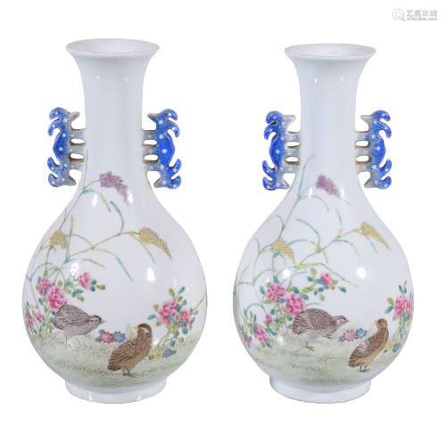 A pair of Chinese Famille Rose two-handled 'quail' vases