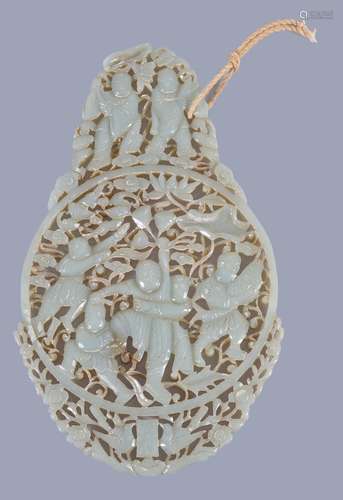 A Chinese celadon jade plaque, the centre carved with a man and four boys