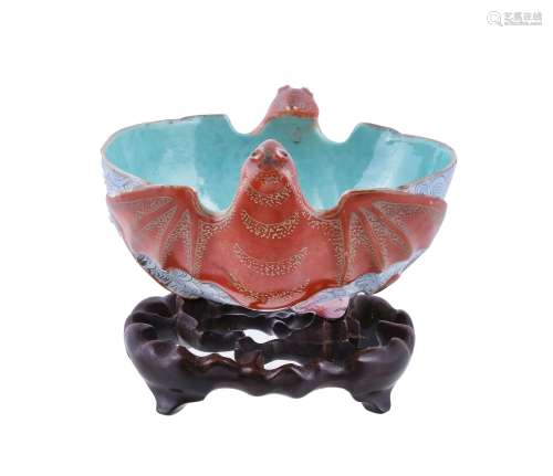 A rare bat-shaped coral-glazed brush washer , Qing Dynasty, Daoguang or Guangxu