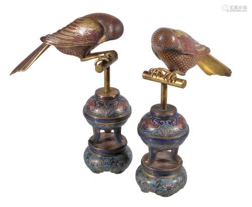 A pair of Chinese cloisonné enamel figures of magpies , Qing Dynasty
