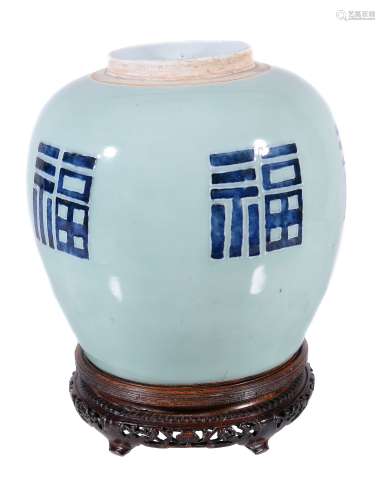 A Chinese celadon ground and underglaze blue ginger jar