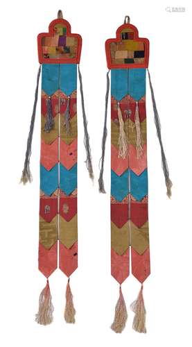 A pair of Tibetan banners, 20th century, made from 19th century Chinese silks