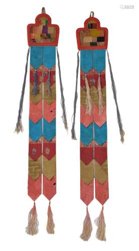 A pair of Tibetan banners, 20th century, made from 19th century Chinese silks